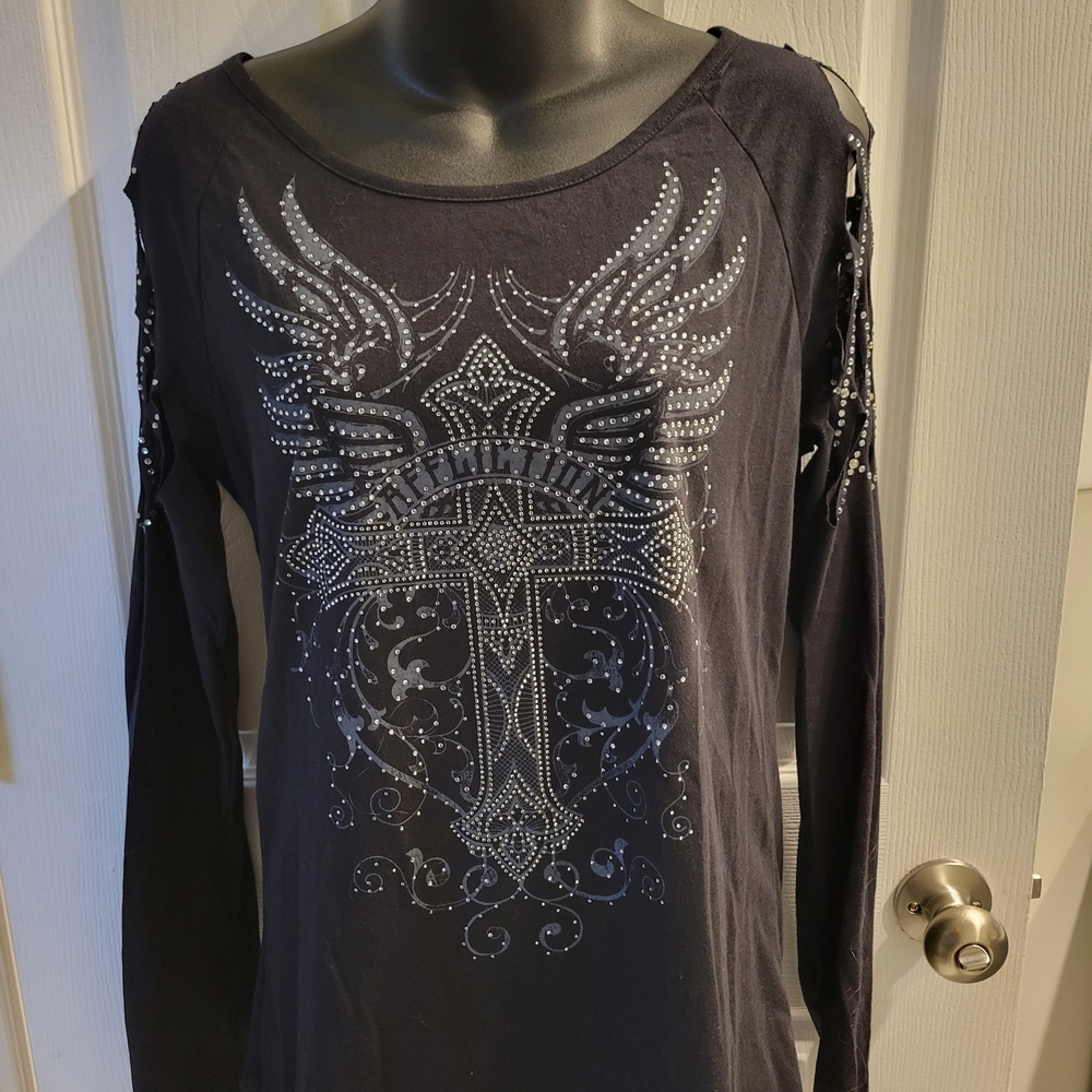 Affliction Black Long Sleeve Top with Silver Embellishments
